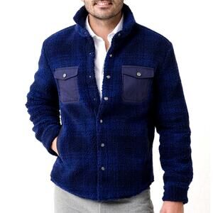 Peter Millar Mens High Pile Fleece Jacket Sz XXL Blue Plaid Sherpa Outdoor Warm